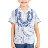 Aloha Lei Onaona Family Matching Off The Shoulder Long Sleeve Dress and Hawaiian Shirt Navy Blue Hawaiian Tribal Pattern LT9 Son's Shirt Blue - Polynesian Pride