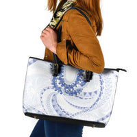 Aloha Lei Onaona Leather Tote Bag Navy Blue Hawaiian Tribal Pattern