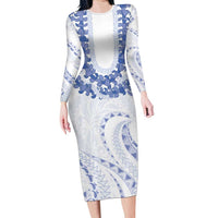 Aloha Lei Onaona Long Sleeve Bodycon Dress Navy Blue Hawaiian Tribal Pattern