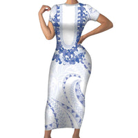 Aloha Lei Onaona Short Sleeve Bodycon Dress Navy Blue Hawaiian Tribal Pattern