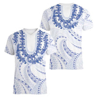 Aloha Lei Onaona Women V-Neck T-Shirt Navy Blue Hawaiian Tribal Pattern