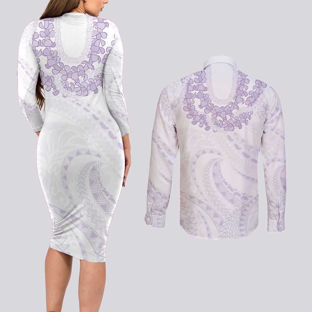 Aloha Lei Onaona Couples Matching Long Sleeve Bodycon Dress and Long Sleeve Button Shirt Purple Hawaiian Tribal Pattern