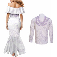 Aloha Lei Onaona Couples Matching Mermaid Dress and Long Sleeve Button Shirt Purple Hawaiian Tribal Pattern