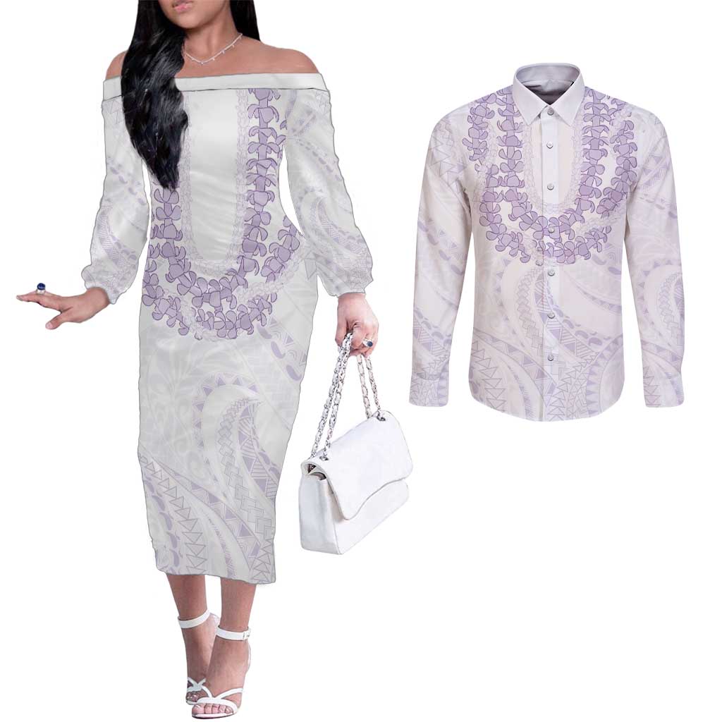 Aloha Lei Onaona Couples Matching Off The Shoulder Long Sleeve Dress and Long Sleeve Button Shirt Purple Hawaiian Tribal Pattern