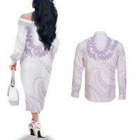 Aloha Lei Onaona Couples Matching Off The Shoulder Long Sleeve Dress and Long Sleeve Button Shirt Purple Hawaiian Tribal Pattern