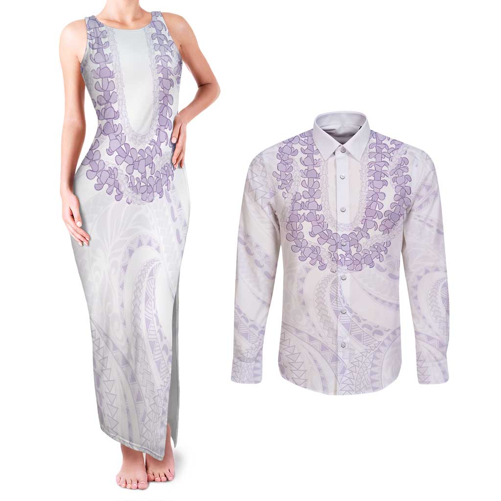 Aloha Lei Onaona Couples Matching Tank Maxi Dress and Long Sleeve Button Shirt Purple Hawaiian Tribal Pattern