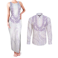 Aloha Lei Onaona Couples Matching Tank Maxi Dress and Long Sleeve Button Shirt Purple Hawaiian Tribal Pattern