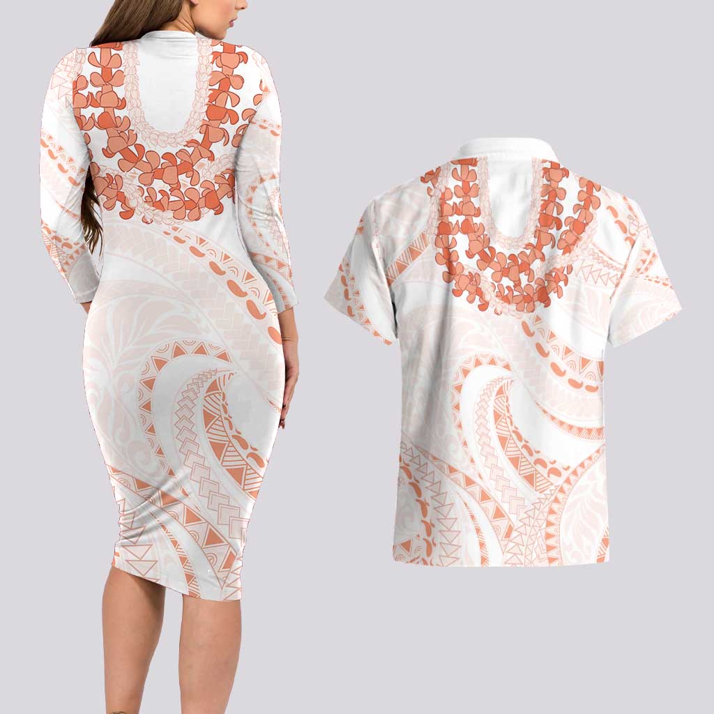 Aloha Lei Onaona Couples Matching Long Sleeve Bodycon Dress and Hawaiian Shirt Red Hawaiian Tribal Pattern