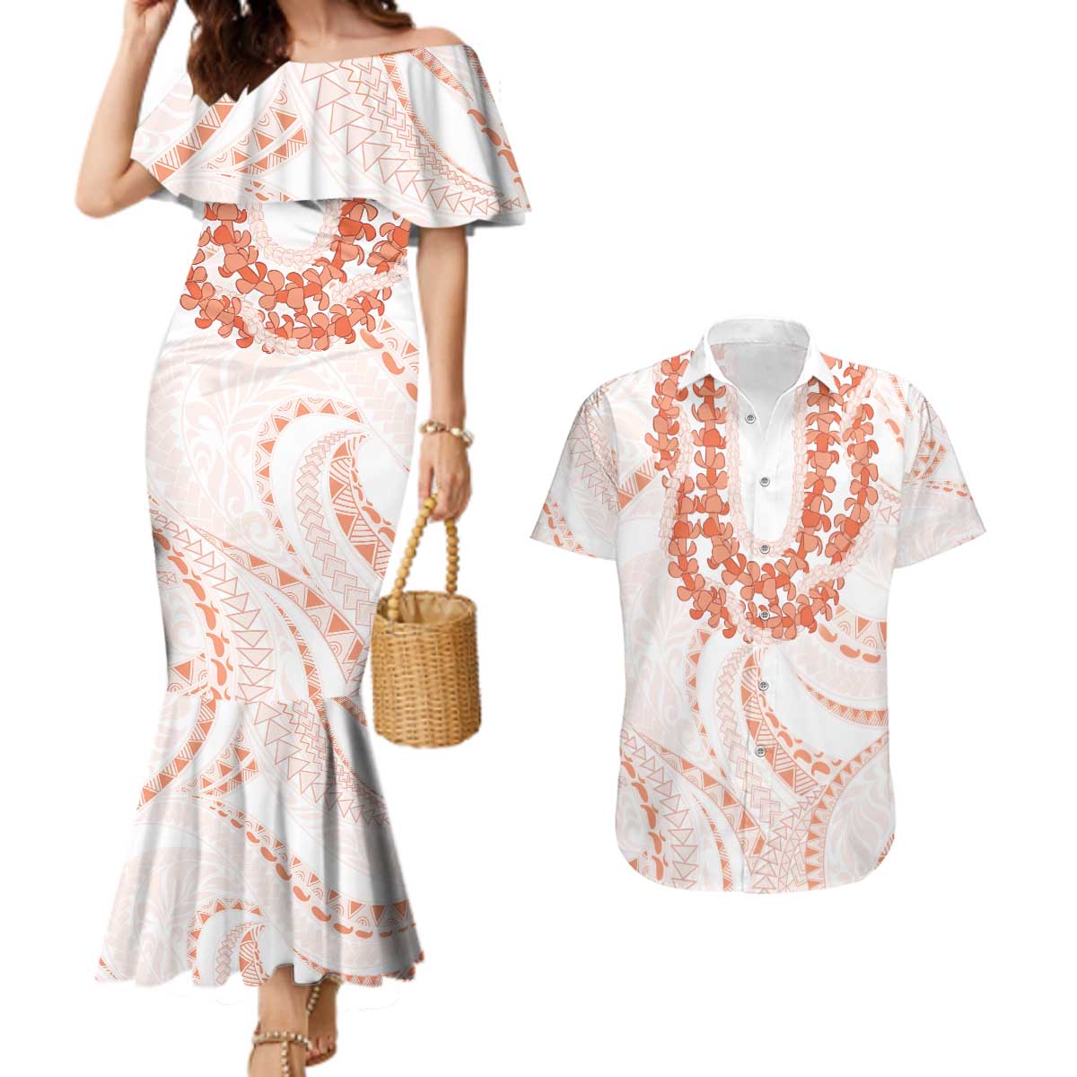 Aloha Lei Onaona Couples Matching Mermaid Dress and Hawaiian Shirt Red Hawaiian Tribal Pattern
