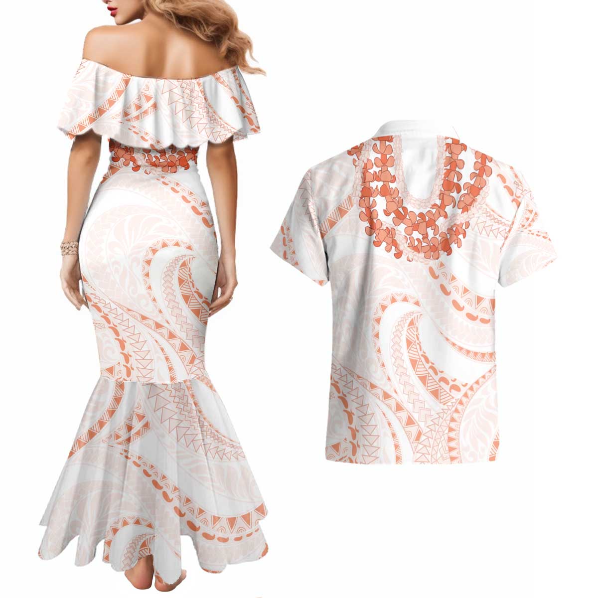 Aloha Lei Onaona Couples Matching Mermaid Dress and Hawaiian Shirt Red Hawaiian Tribal Pattern