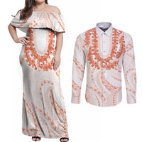 Aloha Lei Onaona Couples Matching Off Shoulder Maxi Dress and Long Sleeve Button Shirt Red Hawaiian Tribal Pattern