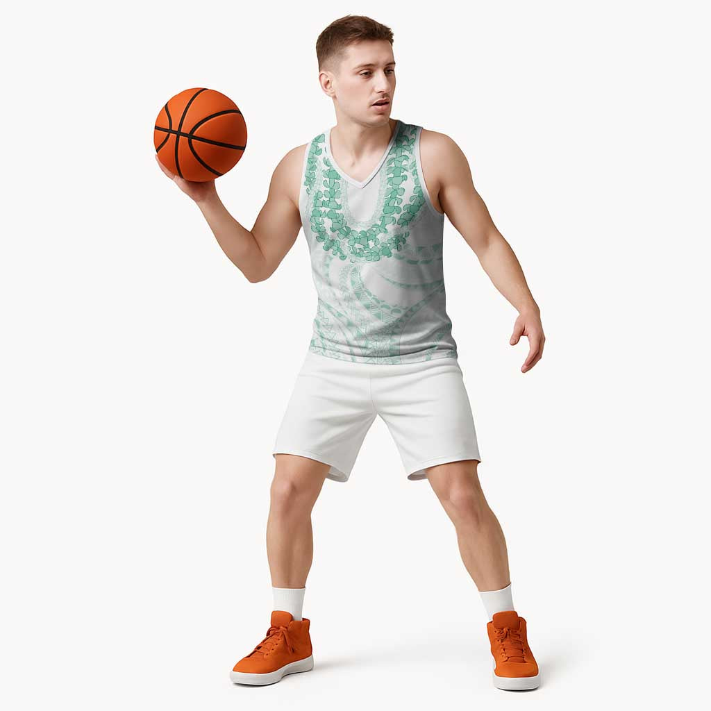 Aloha Lei Onaona Basketball Jersey Sage Green Hawaiian Tribal Pattern - Polynesian Pride