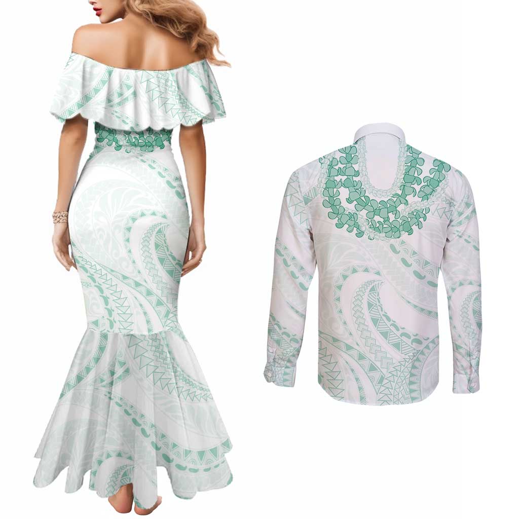 Aloha Lei Onaona Couples Matching Mermaid Dress and Long Sleeve Button Shirt Sage Green Hawaiian Tribal Pattern