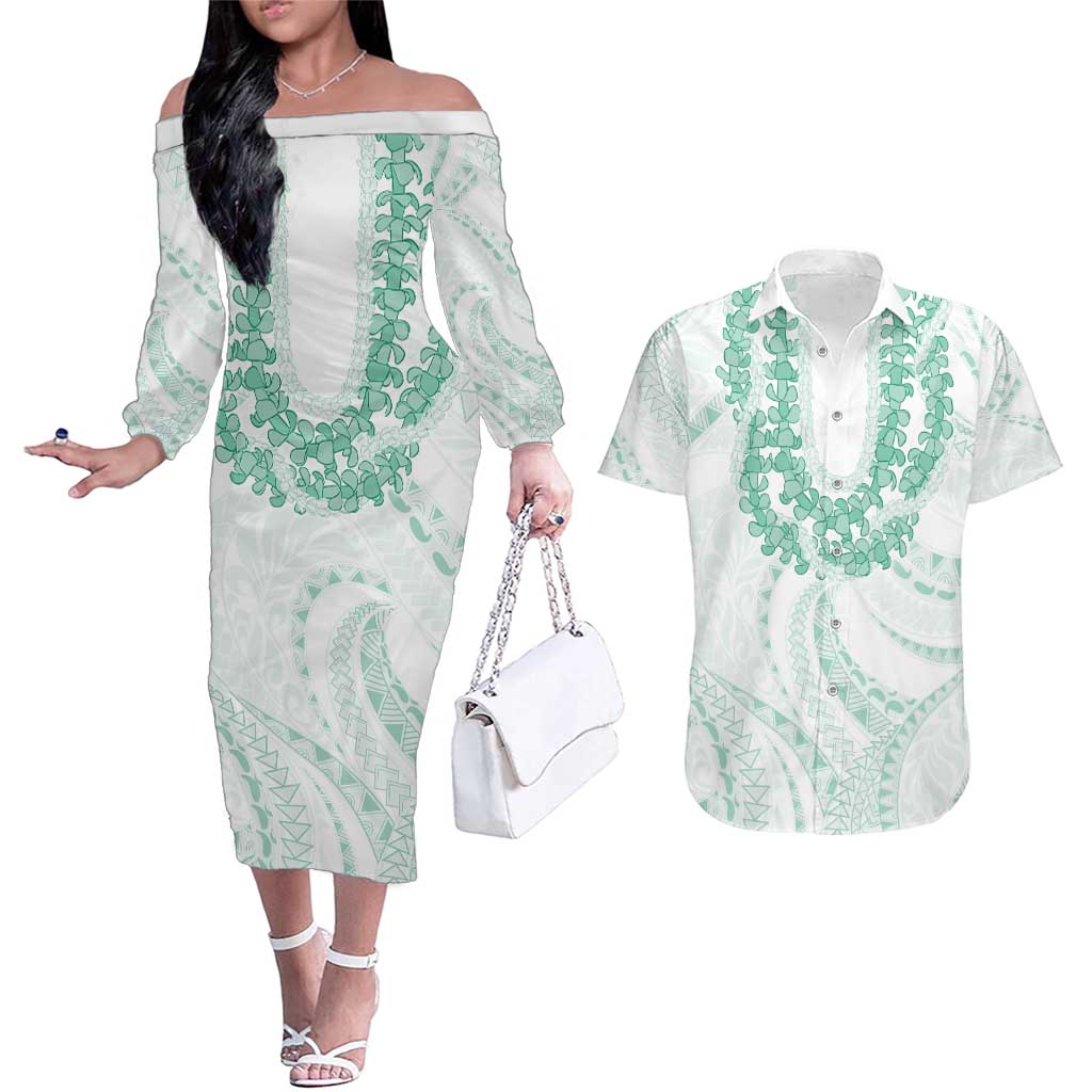 Aloha Lei Onaona Couples Matching Off The Shoulder Long Sleeve Dress and Hawaiian Shirt Sage Green Hawaiian Tribal Pattern LT9 Green - Polynesian Pride