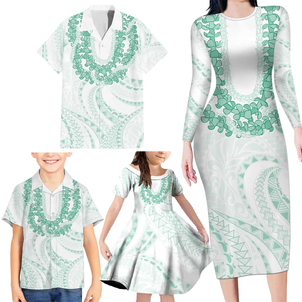 Aloha Lei Onaona Family Matching Long Sleeve Bodycon Dress and Hawaiian Shirt Sage Green Hawaiian Tribal Pattern LT9 - Polynesian Pride