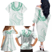 Aloha Lei Onaona Family Matching Off The Shoulder Long Sleeve Dress and Hawaiian Shirt Sage Green Hawaiian Tribal Pattern LT9 - Polynesian Pride