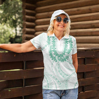 Aloha Lei Onaona Women Polo Shirt Sage Green Hawaiian Tribal Pattern