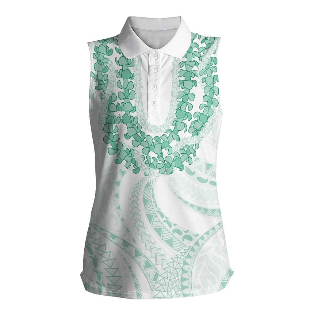 Aloha Lei Onaona Women Sleeveless Polo Shirt Sage Green Hawaiian Tribal Pattern