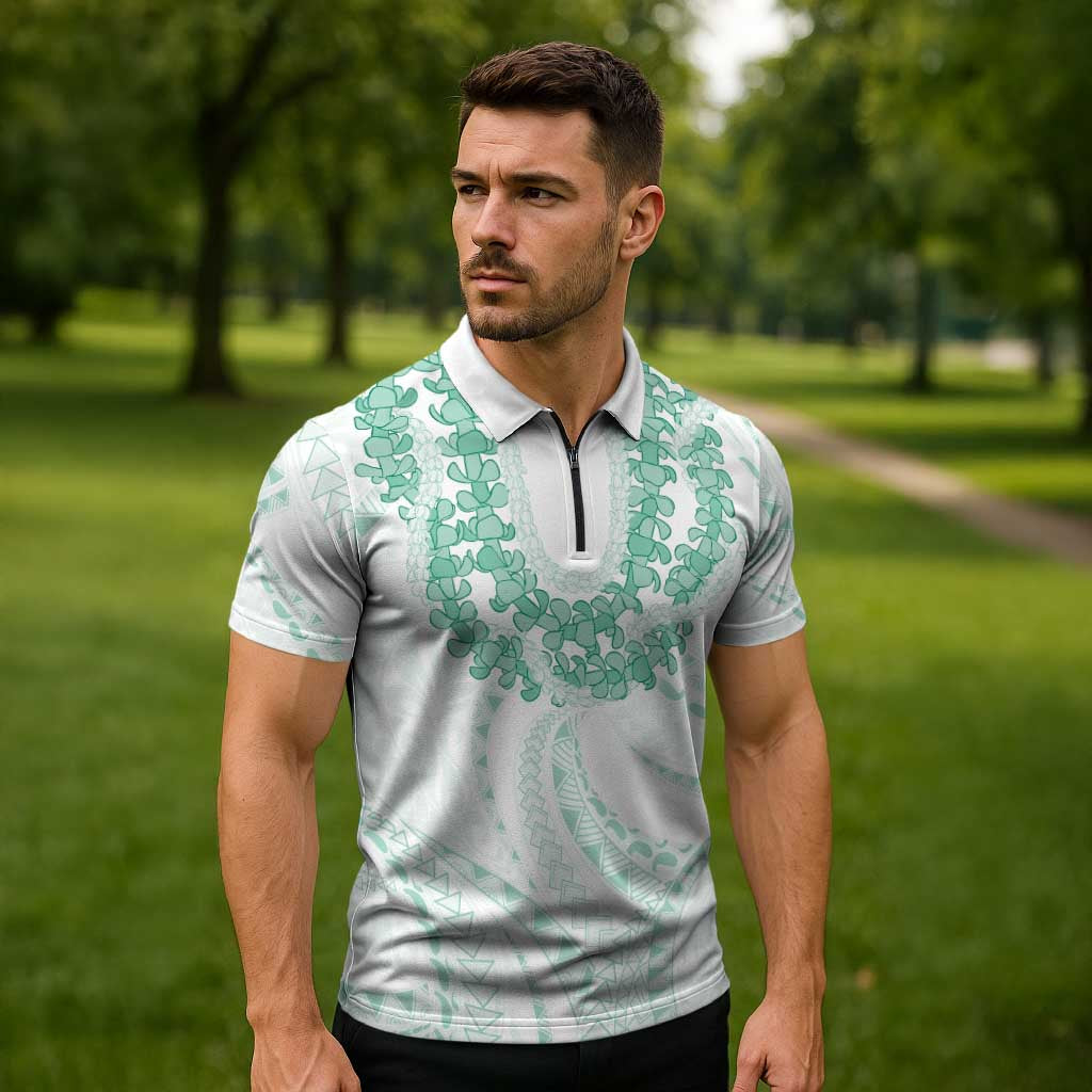 Aloha Lei Onaona Zipper Polo Shirt Sage Green Hawaiian Tribal Pattern - Polynesian Pride