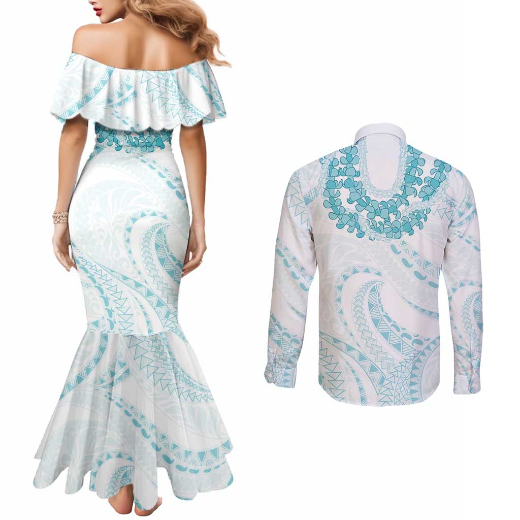 Aloha Lei Onaona Couples Matching Mermaid Dress and Long Sleeve Button Shirt Teal Hawaiian Tribal Pattern