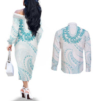 Aloha Lei Onaona Couples Matching Off The Shoulder Long Sleeve Dress and Long Sleeve Button Shirt Teal Hawaiian Tribal Pattern