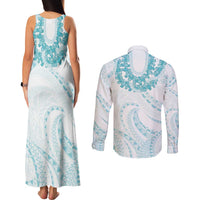 Aloha Lei Onaona Couples Matching Tank Maxi Dress and Long Sleeve Button Shirt Teal Hawaiian Tribal Pattern