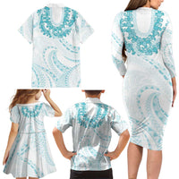 Aloha Lei Onaona Family Matching Long Sleeve Bodycon Dress and Hawaiian Shirt Teal Hawaiian Tribal Pattern LT9 - Polynesian Pride