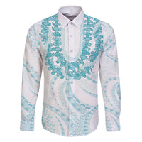 Aloha Lei Onaona Family Matching Off The Shoulder Long Sleeve Dress and Hawaiian Shirt Teal Hawaiian Tribal Pattern LT9 Dad's Shirt - Long Sleeve Teal - Polynesian Pride