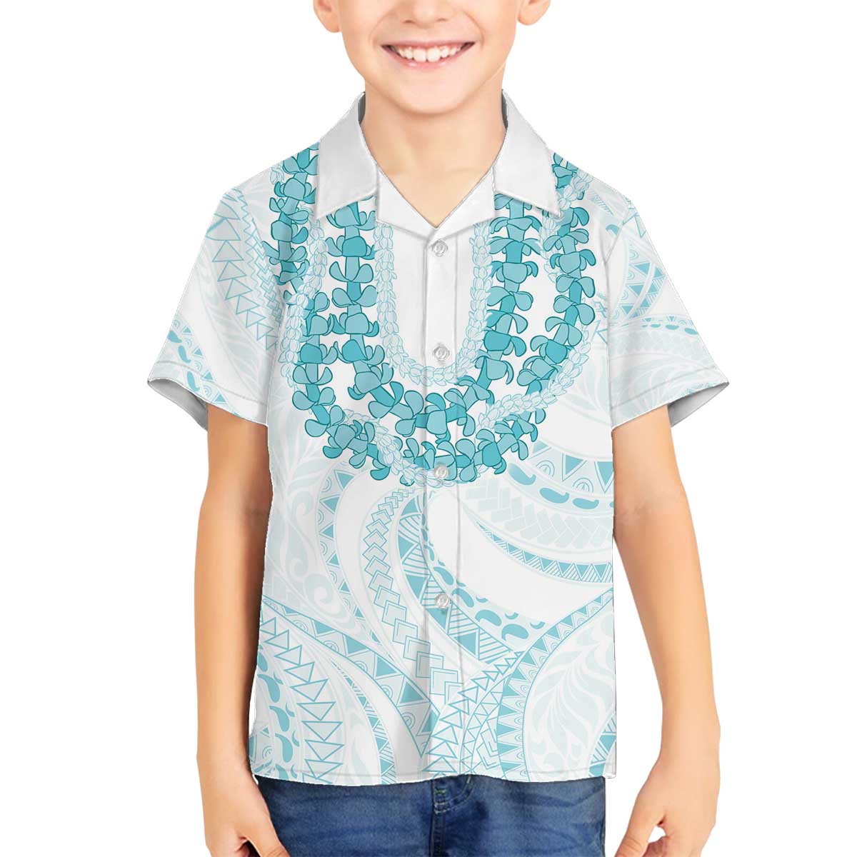 Aloha Lei Onaona Family Matching Off The Shoulder Long Sleeve Dress and Hawaiian Shirt Teal Hawaiian Tribal Pattern LT9 Son's Shirt Teal - Polynesian Pride
