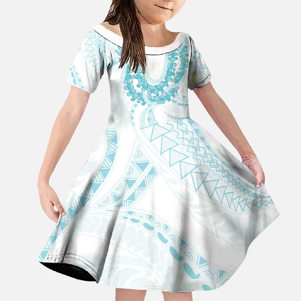Aloha Lei Onaona Family Matching Off Shoulder Maxi Dress and Hawaiian Shirt Teal Hawaiian Tribal Pattern LT9 Daughter's Dress Teal - Polynesian Pride