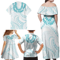 Aloha Lei Onaona Family Matching Off Shoulder Maxi Dress and Hawaiian Shirt Teal Hawaiian Tribal Pattern LT9 - Polynesian Pride