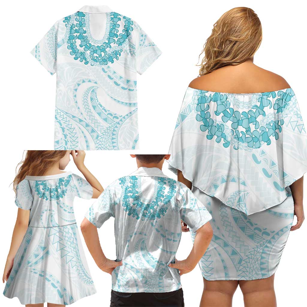 Aloha Lei Onaona Family Matching Off Shoulder Short Dress and Hawaiian Shirt Teal Hawaiian Tribal Pattern LT9 - Polynesian Pride