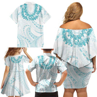 Aloha Lei Onaona Family Matching Off Shoulder Short Dress and Hawaiian Shirt Teal Hawaiian Tribal Pattern LT9 - Polynesian Pride