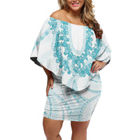 Aloha Lei Onaona Off Shoulder Short Dress Teal Hawaiian Tribal Pattern