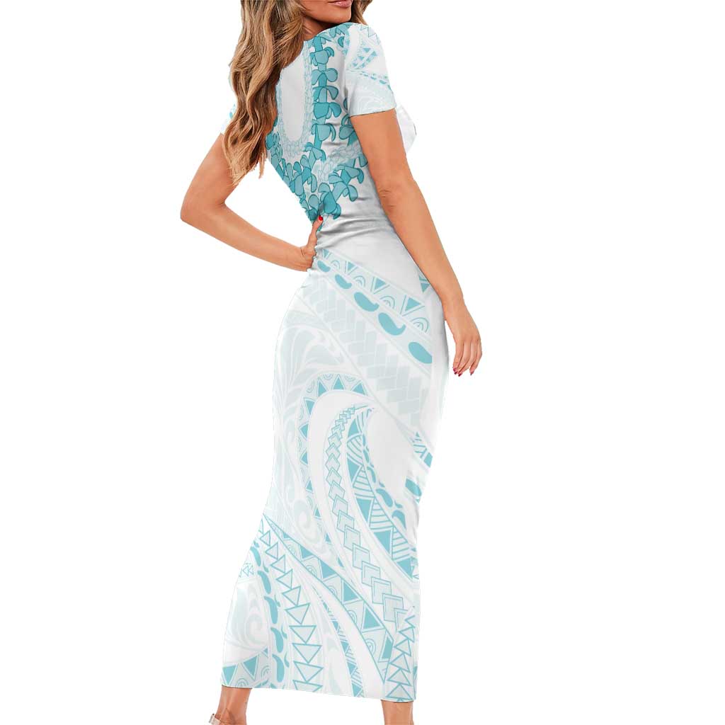 Aloha Lei Onaona Short Sleeve Bodycon Dress Teal Hawaiian Tribal Pattern