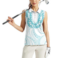 Aloha Lei Onaona Women Sleeveless Polo Shirt Teal Hawaiian Tribal Pattern