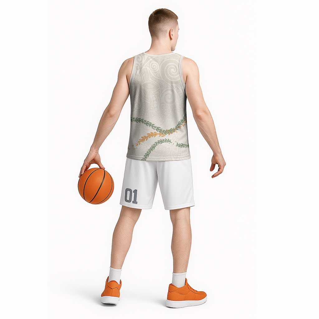 Aloha Lei Mikioi Basketball Jersey Beige Polynesian Tribal Tatau Pattern - Polynesian Pride