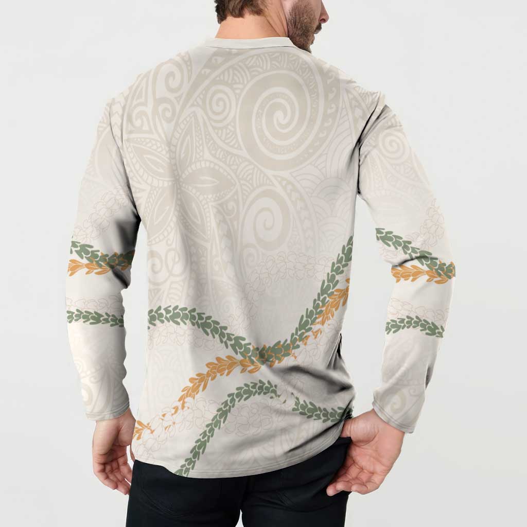 Aloha Lei Mikioi Button Sweatshirt Beige Polynesian Tribal Tatau Pattern