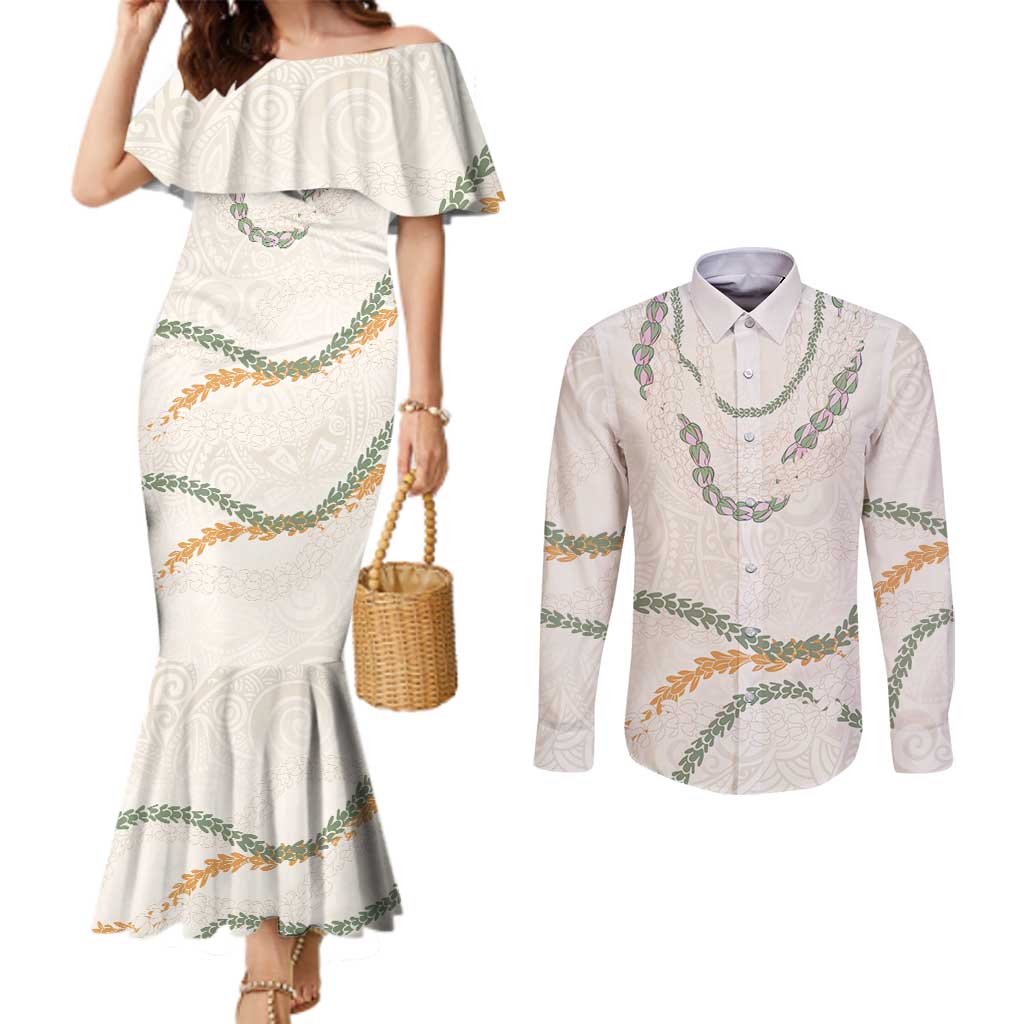 Aloha Lei Mikioi Couples Matching Mermaid Dress and Long Sleeve Button Shirt Beige Polynesian Tribal Tatau Pattern