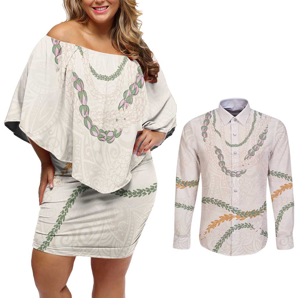 Aloha Lei Mikioi Couples Matching Off Shoulder Short Dress and Long Sleeve Button Shirt Beige Polynesian Tribal Tatau Pattern