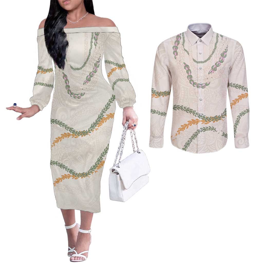 Aloha Lei Mikioi Couples Matching Off The Shoulder Long Sleeve Dress and Long Sleeve Button Shirt Beige Polynesian Tribal Tatau Pattern