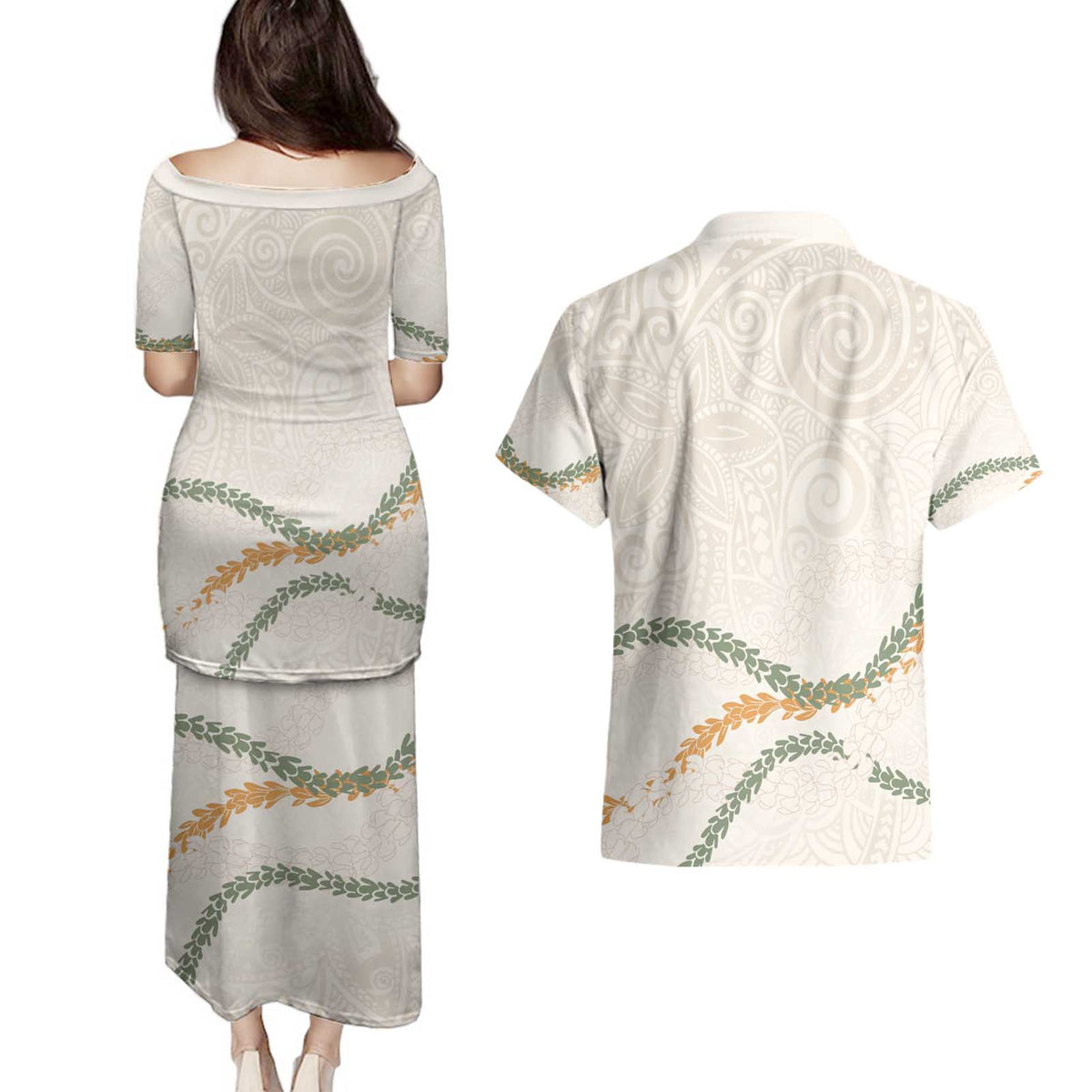 Aloha Lei Mikioi Couples Matching Puletasi and Hawaiian Shirt Beige Polynesian Tribal Tatau Pattern