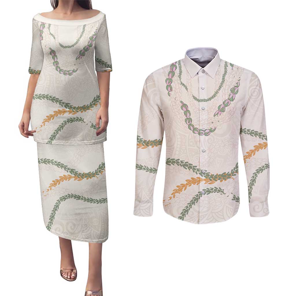 Aloha Lei Mikioi Couples Matching Puletasi and Long Sleeve Button Shirt Beige Polynesian Tribal Tatau Pattern