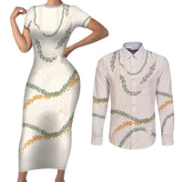Aloha Lei Mikioi Couples Matching Short Sleeve Bodycon Dress and Long Sleeve Button Shirt Beige Polynesian Tribal Tatau Pattern
