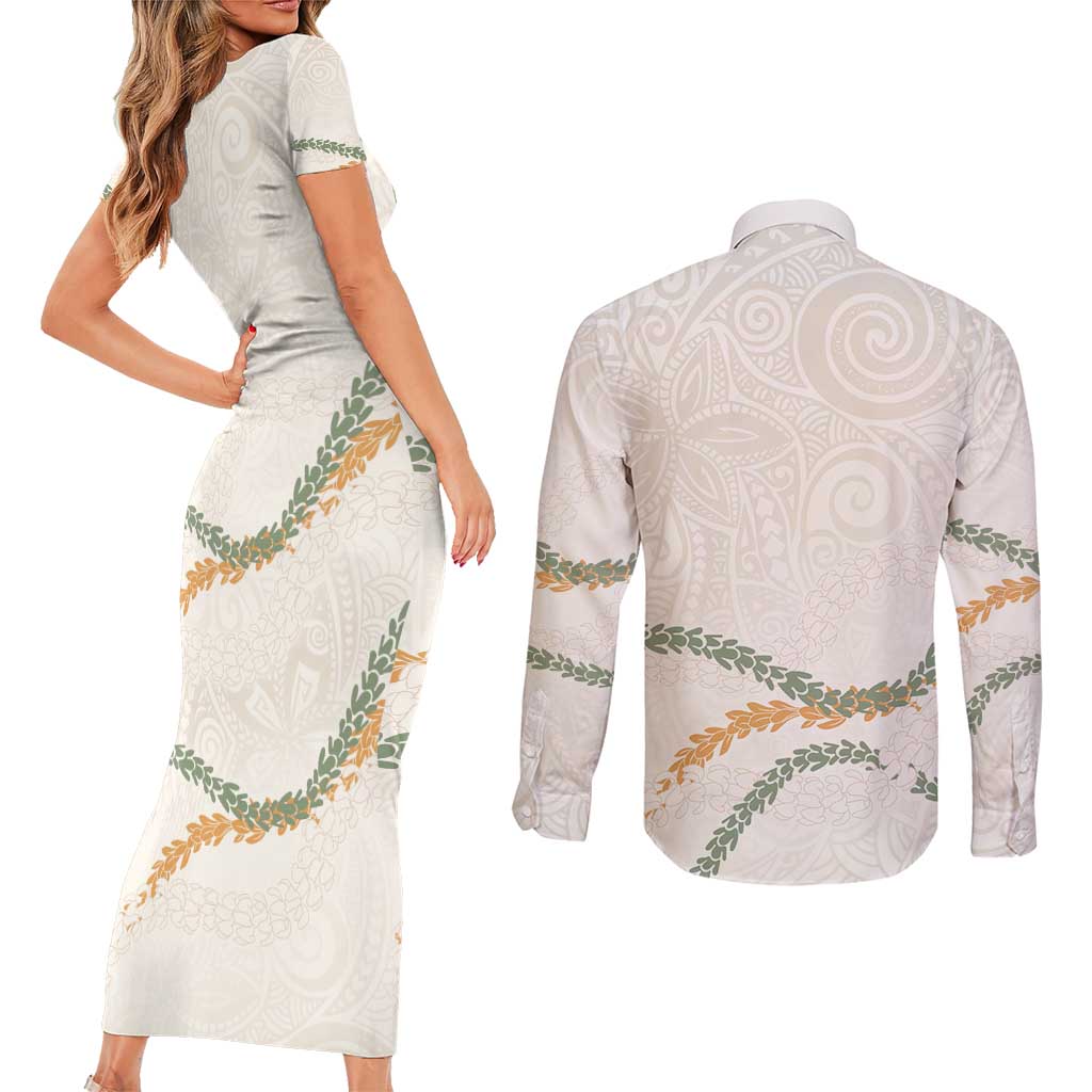 Aloha Lei Mikioi Couples Matching Short Sleeve Bodycon Dress and Long Sleeve Button Shirt Beige Polynesian Tribal Tatau Pattern