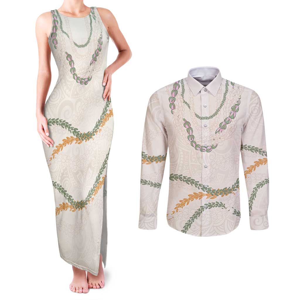 Aloha Lei Mikioi Couples Matching Tank Maxi Dress and Long Sleeve Button Shirt Beige Polynesian Tribal Tatau Pattern LT9 Beige - Polynesian Pride