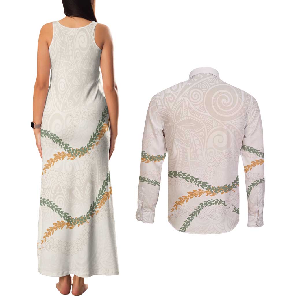 Aloha Lei Mikioi Couples Matching Tank Maxi Dress and Long Sleeve Button Shirt Beige Polynesian Tribal Tatau Pattern LT9 - Polynesian Pride