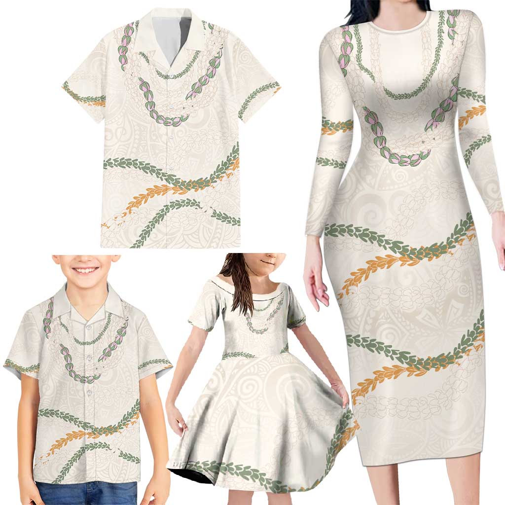 Aloha Lei Mikioi Family Matching Long Sleeve Bodycon Dress and Hawaiian Shirt Beige Polynesian Tribal Tatau Pattern LT9 - Polynesian Pride