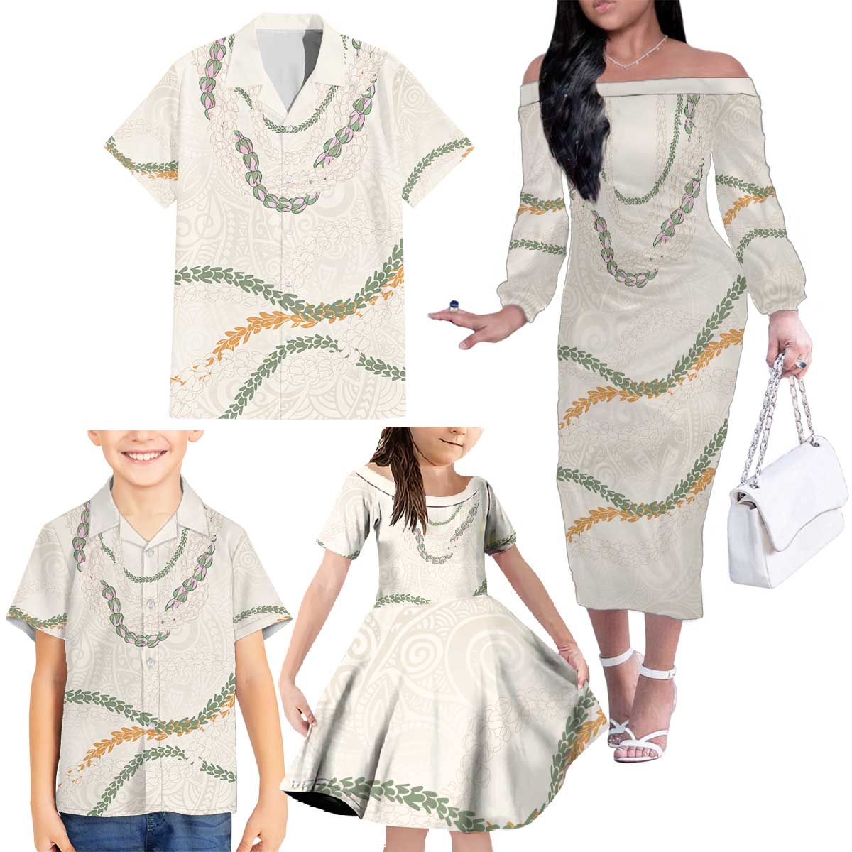 Aloha Lei Mikioi Family Matching Off The Shoulder Long Sleeve Dress and Hawaiian Shirt Beige Polynesian Tribal Tatau Pattern LT9 - Polynesian Pride