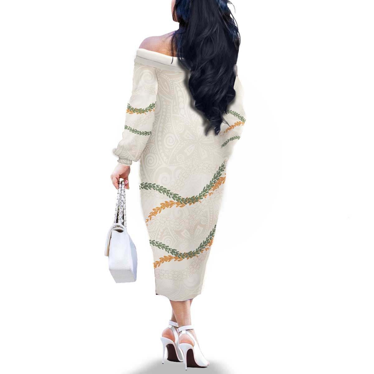 Aloha Lei Mikioi Family Matching Off The Shoulder Long Sleeve Dress and Hawaiian Shirt Beige Polynesian Tribal Tatau Pattern LT9 - Polynesian Pride